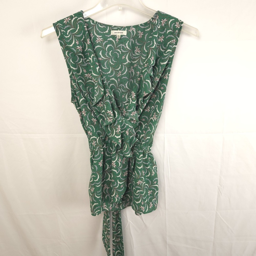 Max Studio Green Floral Wrap Blouse L Women's Sleeveless Ruffle‎ V-Neck Boho Top
